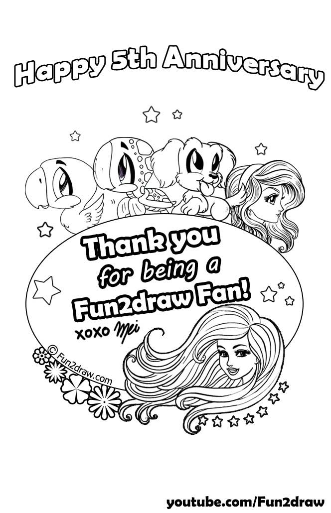 Black and white colouring page, celebrating Fun2draw's 5th year anniversary