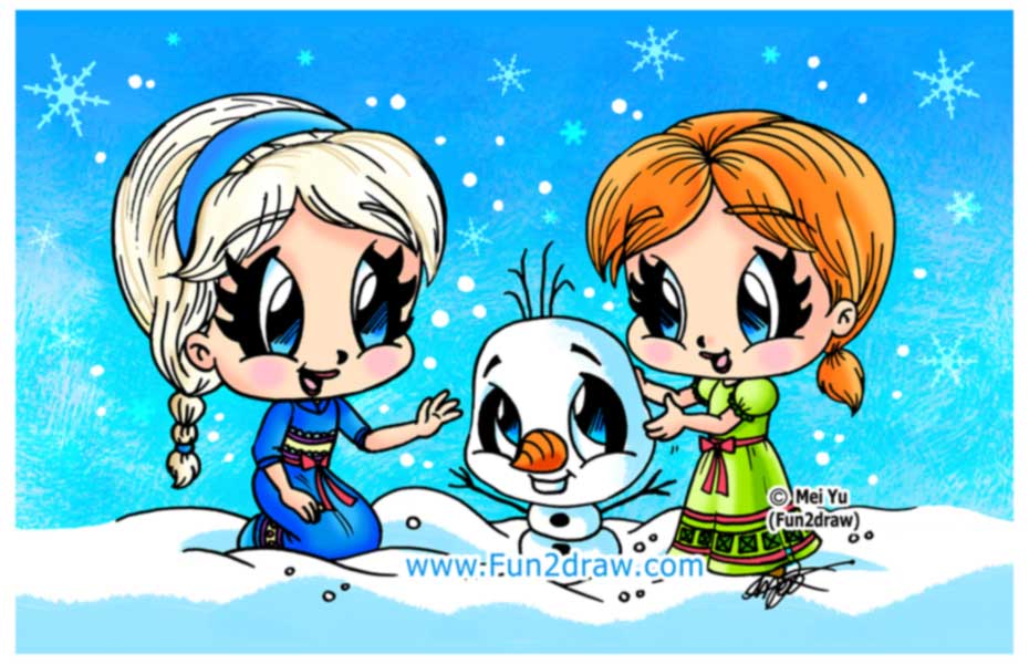 Disney's Frozen princesses Elsa and Anna with Olaf