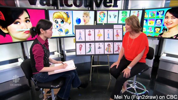 Screenshot from a TV interview on 
						Our Vancouver, on CBC, featuring some of Mei Yu's art from her Fun2draw channel.