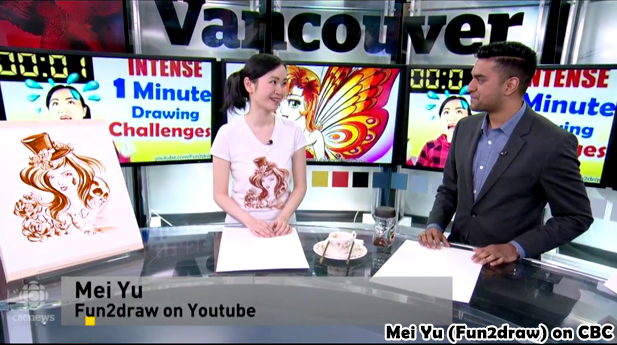Screencap 
						from CBC's Our Vancouver, where Mei Yu draws with coffee and features her artwork from her Paint with Coffee Fun Friday art 
						challenge video.