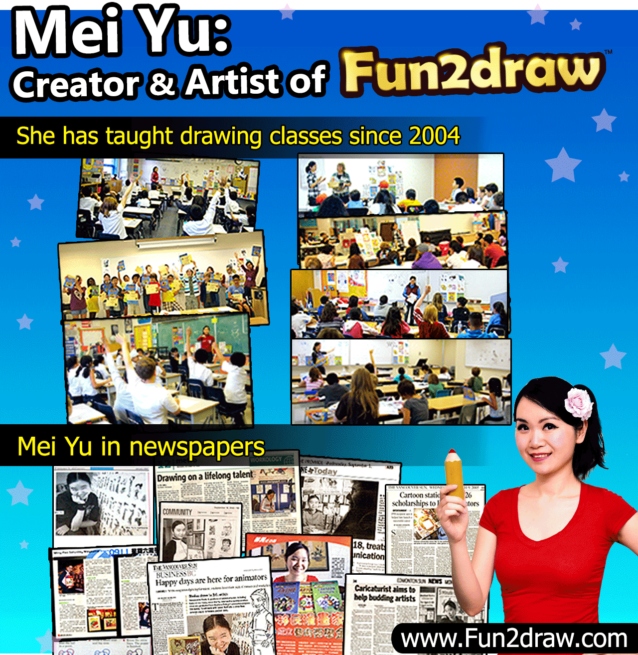 Mei Yu, featured in a number of art lesson classes and newspaper articles.