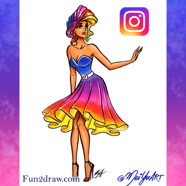 The logo icon for the social network Instagram, as a fancy,
			stylish red carpet dress!