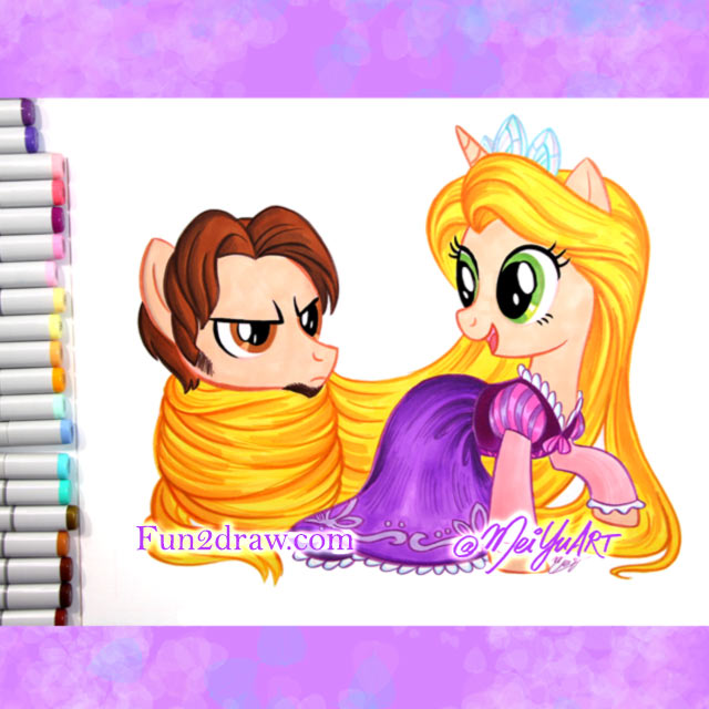 A fun art challenge, turning Rapunzel and Flynn from 
				Disney's movie Tangled into My Little Pony characters.
