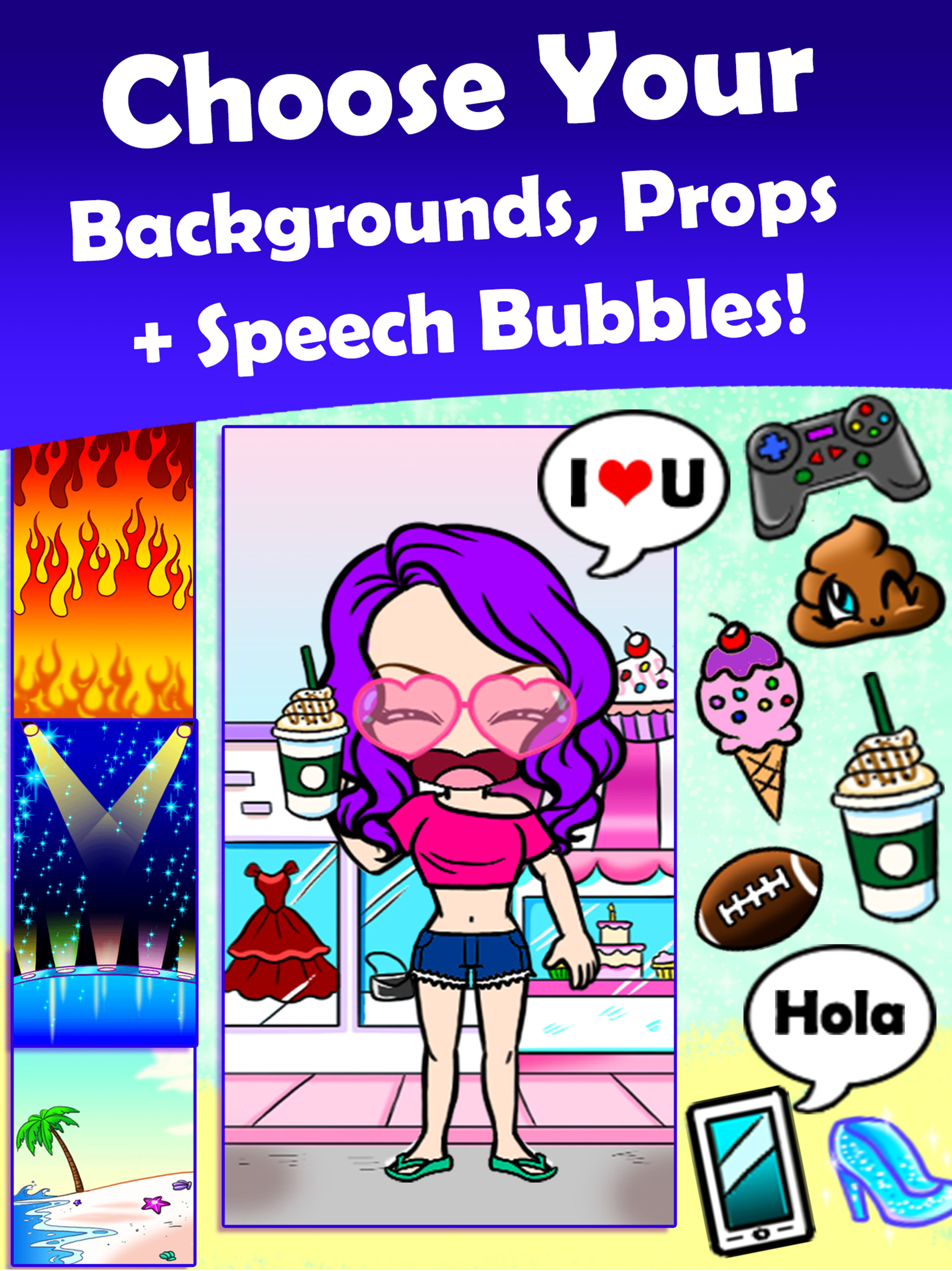 Choose your backgrounds, props, and speech bubbles!