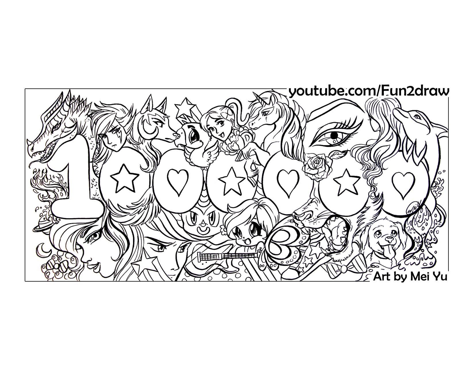 A fun art activity to print and color, as a special gift for Fun2draw fans in celebration of 1 million YouTube 
					subscribers.