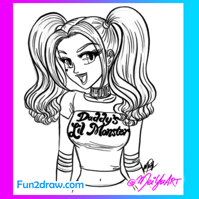Harley Quinn from Suicide Squad, in an anime / 
			manga style! You can learn how to draw her on the Fun2draw YouTube art channel.