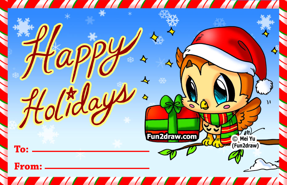 A Santa owl Christmas card to give to your friends or family - Happy Holidays!