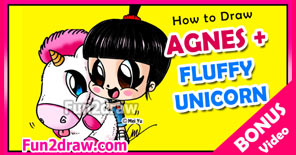 Draw Agnes from Despicable Me with her fluffy unicorn!