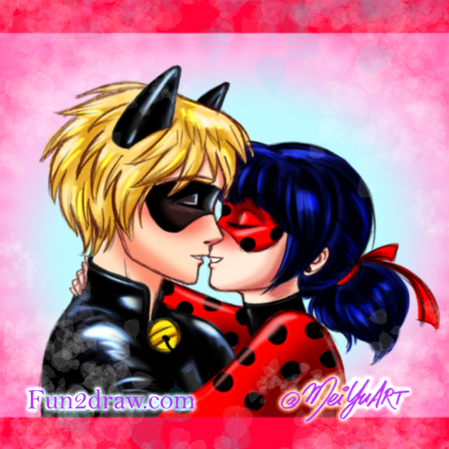 Miraculous Ladybug and Cat Noir, sharing 
			a kiss! Learn how to draw them in an anime / manga style in my art video tutorial on my Fun2draw YouTube channel.