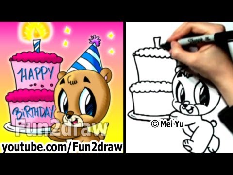 Learn how to draw a cute bear with a birthday cake!