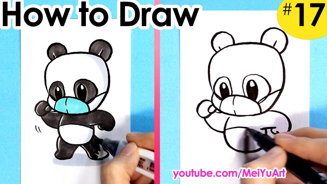 Draw a cute panda wearing a face mask.