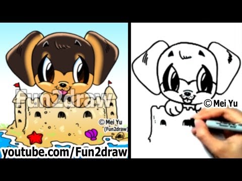 Watch how to draw a dog in a sand castle, step by step.